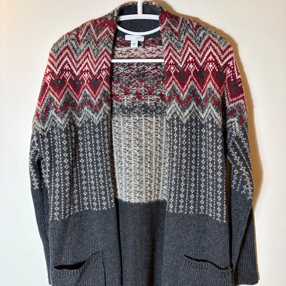 J. Jill Fair Isle Long Cardigan Sweater Gray Red Size XS - Picture 2 of 7